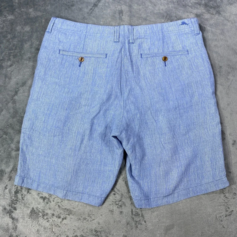 Tommy Bahama Relax Mens 35 Striped Shorts 100% Linen Blue White Ticking Stripe
